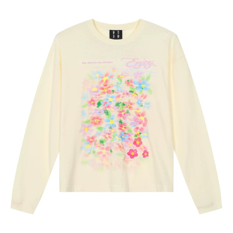 MEDM Spring Flower Shadow Printed Casual Round Neck Hoodie Long Sleeve T-shirt 26 New Breathable and Versatile Loose Top for Women
