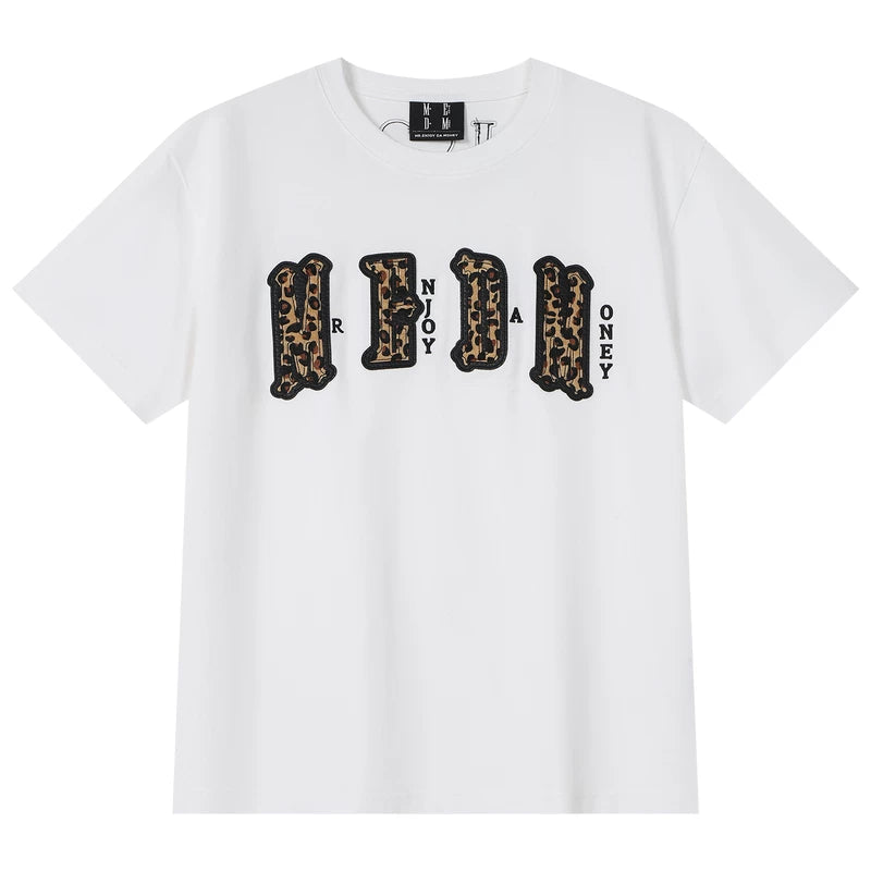 MEDM double-layer leather leopard print patch logo, four character casual round neck short sleeved shirt on the chest, summer new loose couple T-shirt