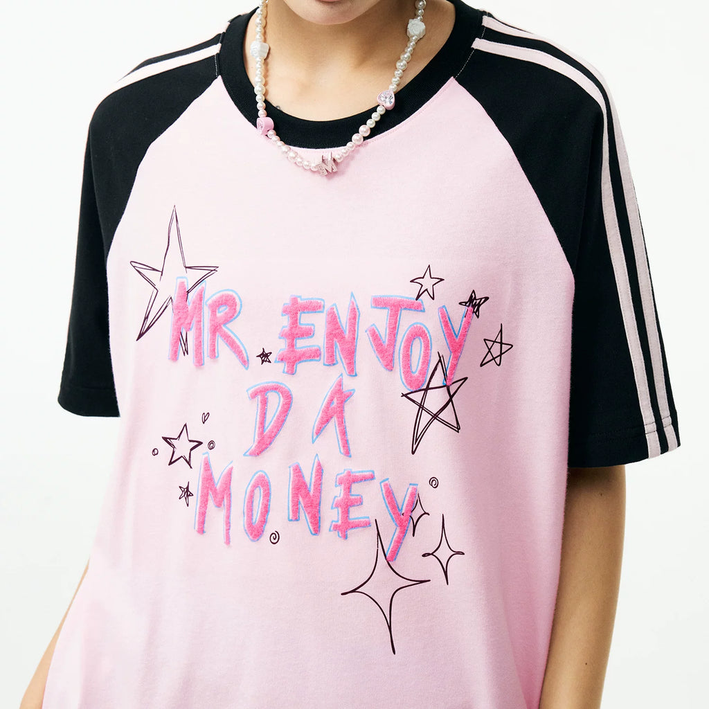MEDM contrasting graffiti raglan sleeve striped casual T-shirt American street retro ribbed round neck couple short sleeved summer