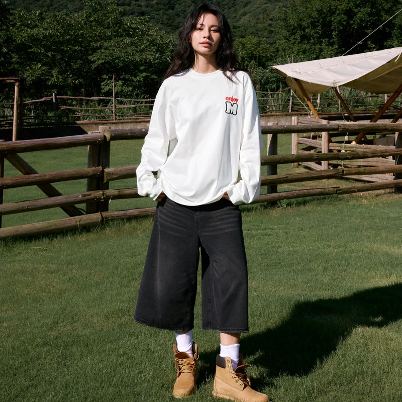 MEDM Color Contrast M Embroidery Small Label Basic Long Sleeve T-shirt Spring and Autumn Round Neck Loose Autumn Versatile Casual Base Tee