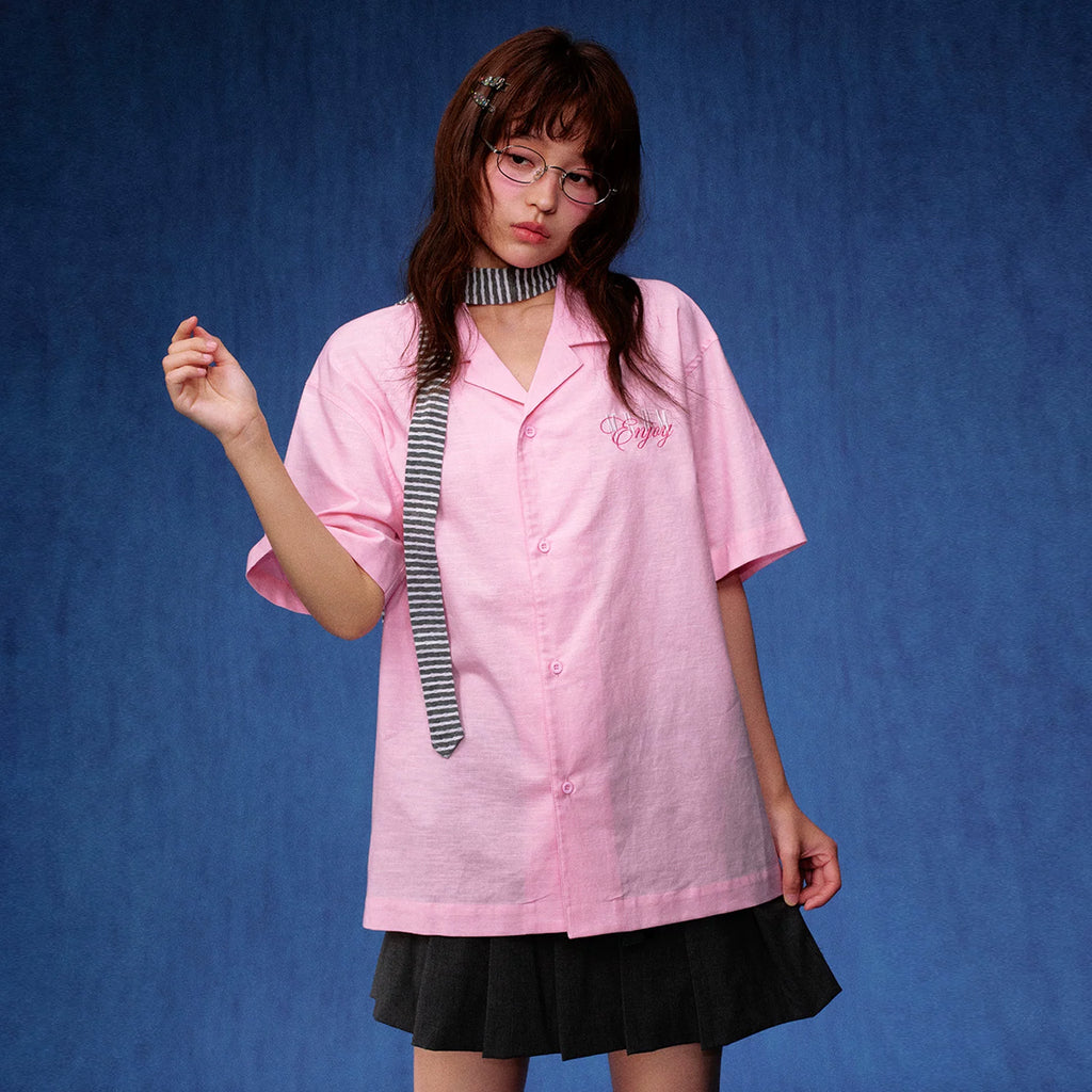 MEDM contrasting lazy style letter embroidery linen loose short sleeved shirt street retro casual top for men and women