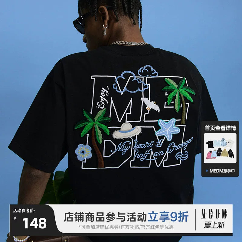 MEDM26SS Summer Palm Tree Summer T-shirt for Men, Pure Cotton Short Sleeve for Women, Design Sense, Niche American T-shirt Trend