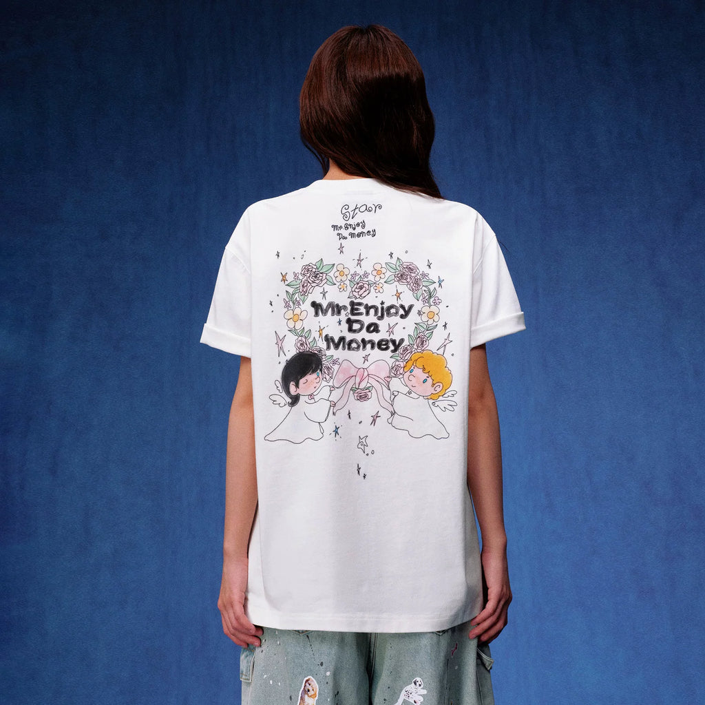 MEDM flower wreath, little angel print logo, star studded casual round neck short sleeved trendy loose couple T-shirt, summer