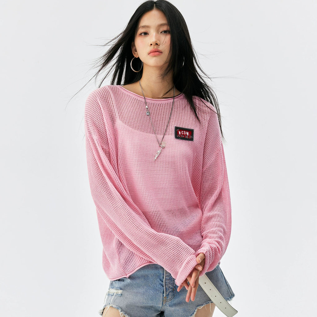 MEDM solid color towel embroidered logo pullover casual round neck mesh shirt 2025 new long sleeved loose knit shirt top for autumn