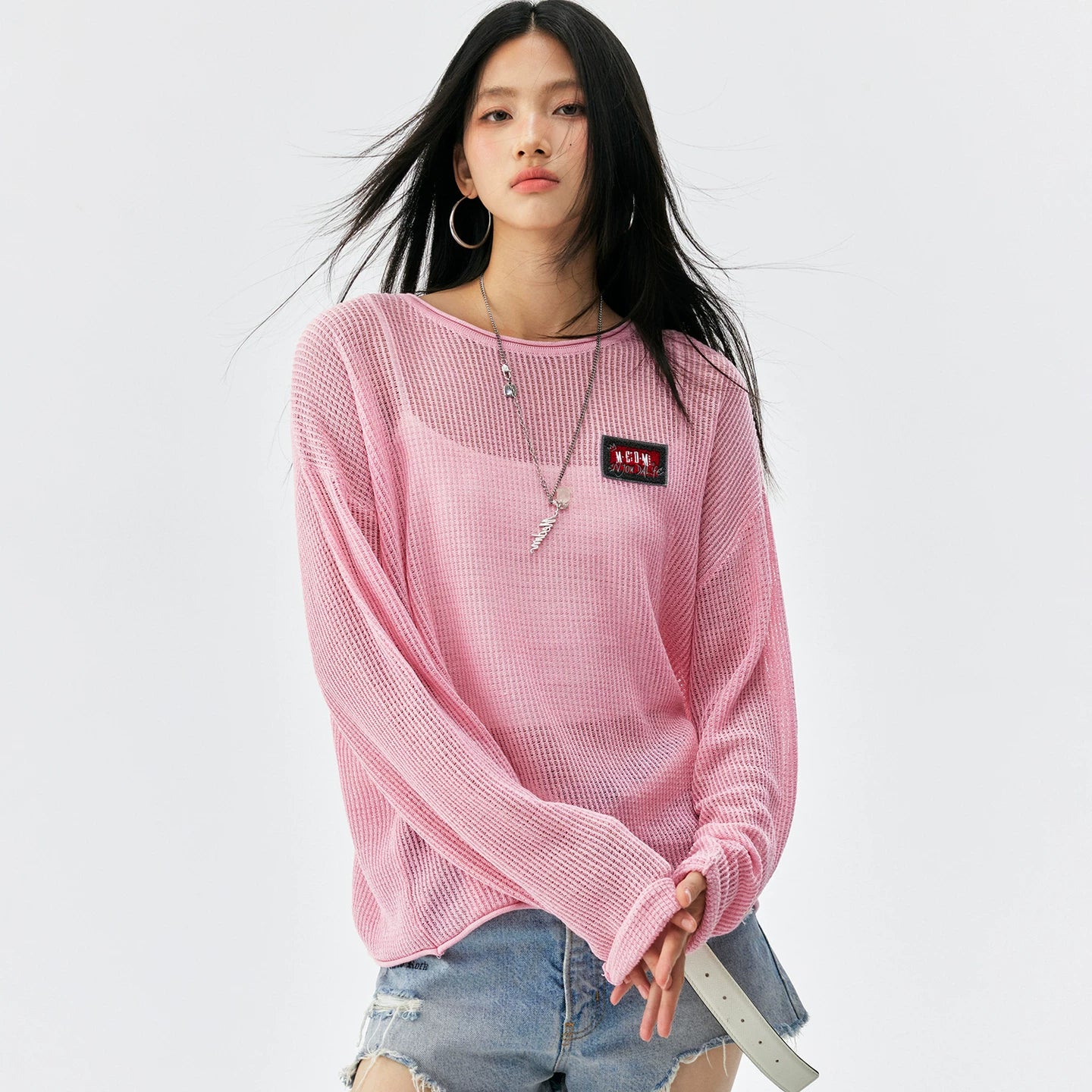 MEDM solid color towel embroidered logo pullover casual round neck mesh shirt 2025 new long sleeved loose knit shirt top for autumn