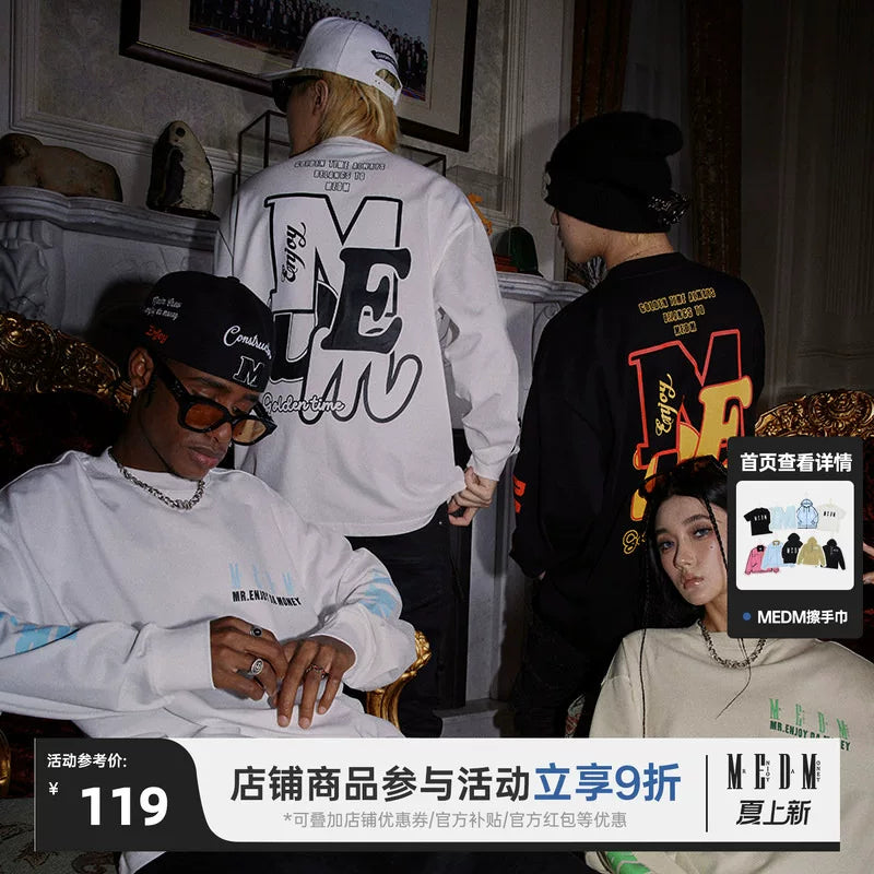 MEDM Guo Chao Back letter Big Prints Long Sleeve T -shirt Men's Autumn Loose American Street Circle Clips