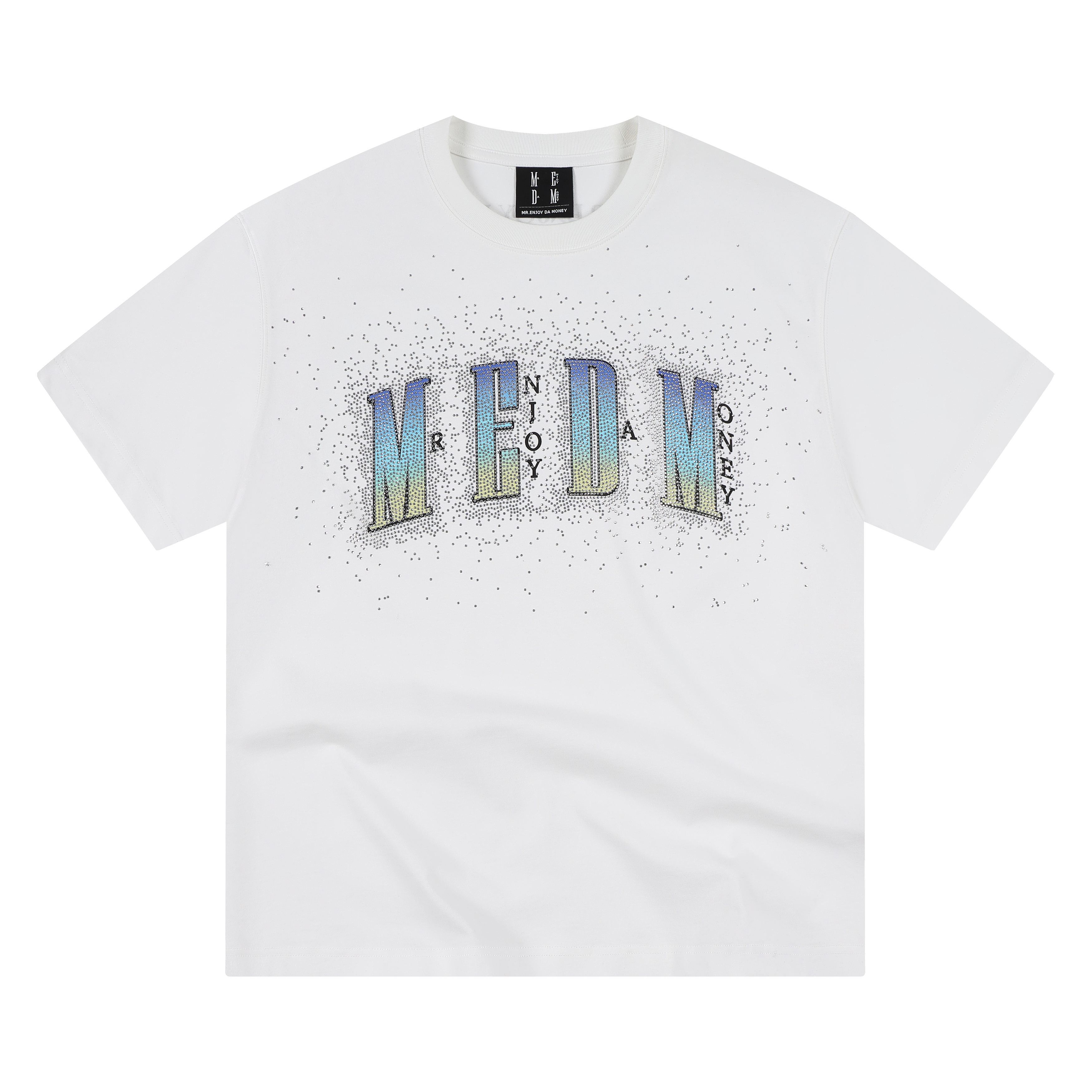 MEDM new gradient logo with diamond print casual round neck T-shirt for summer street glitter loose short sleeved men and women