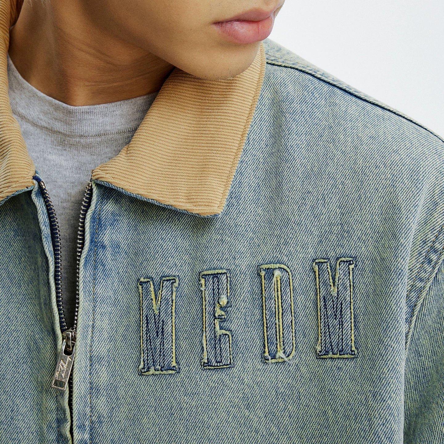 MEDM minimalist denim patchwork corduroy casual jacket for autumn and winter, washed and worn blue men's and women's collar jacket