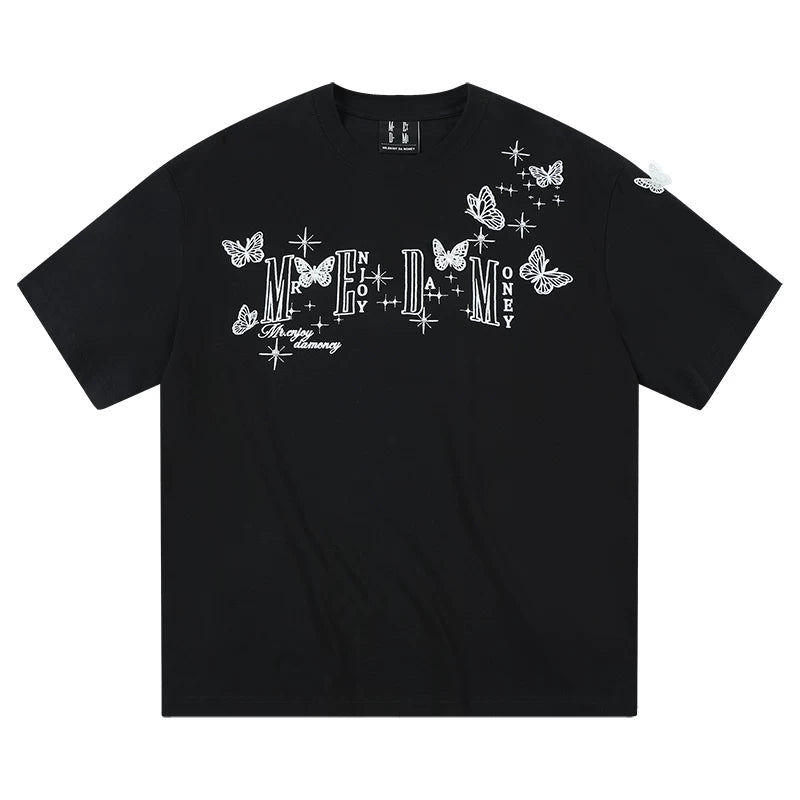 MEDM American style short sleeved T-shirt with lace butterfly design, unisex summer T-shirt, trendy brand style round neck short sleeved shirt