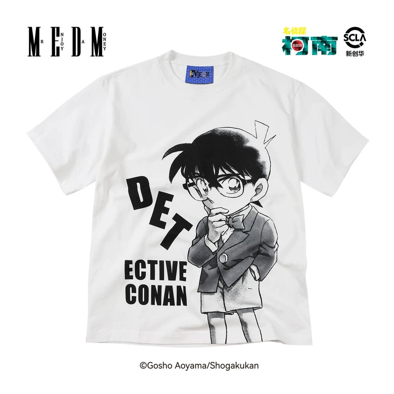 MEDMx Detective Conan co branded black and white anime portrait print casual short sleeved basic versatile couple T-shirt