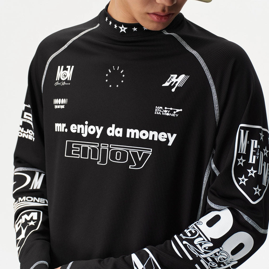 MEDM combination letter logo print contrasting bright line sports long sleeved T-shirt trendy outdoor casual quick drying top