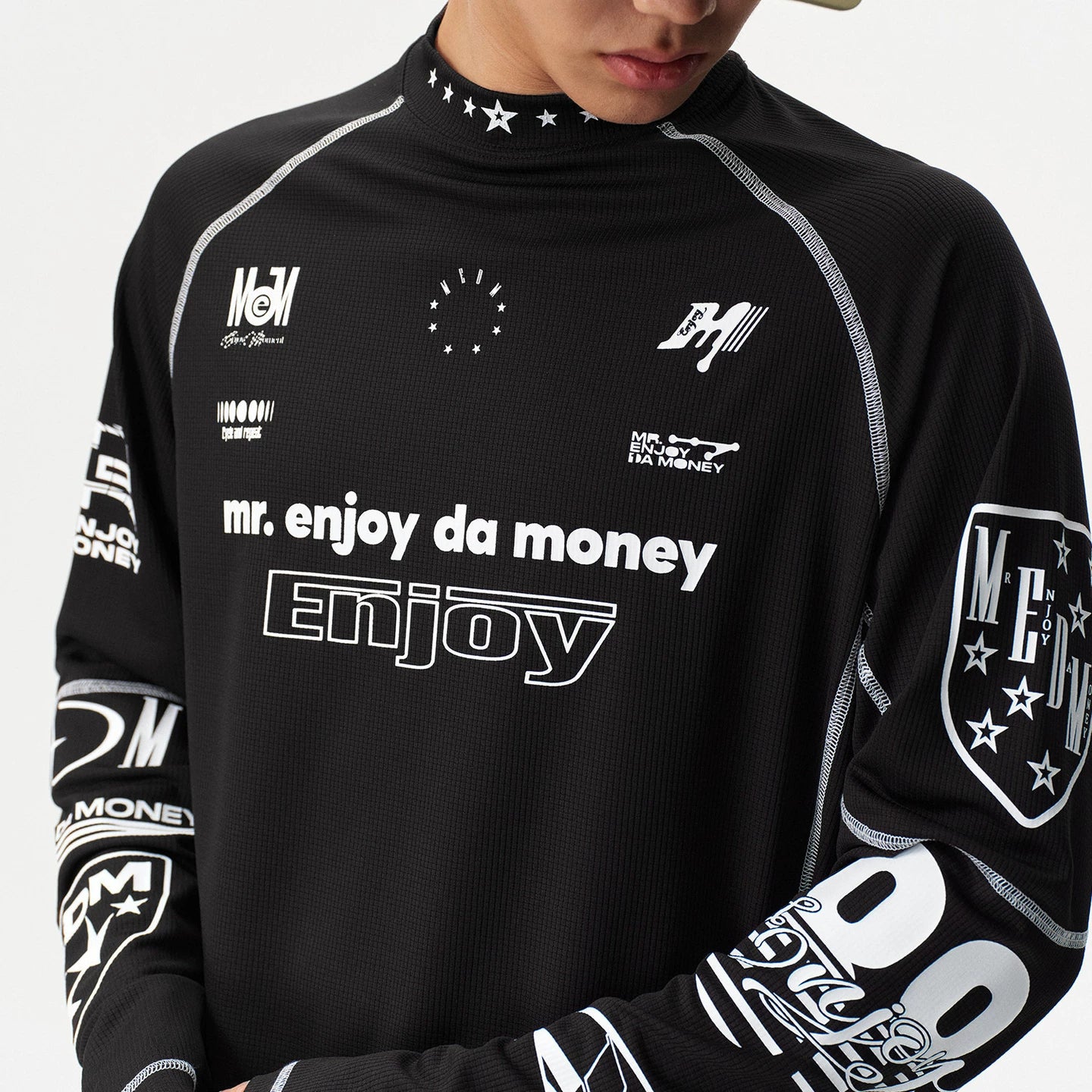 MEDM combination letter logo print contrasting bright line sports long sleeved T-shirt trendy outdoor casual quick drying top