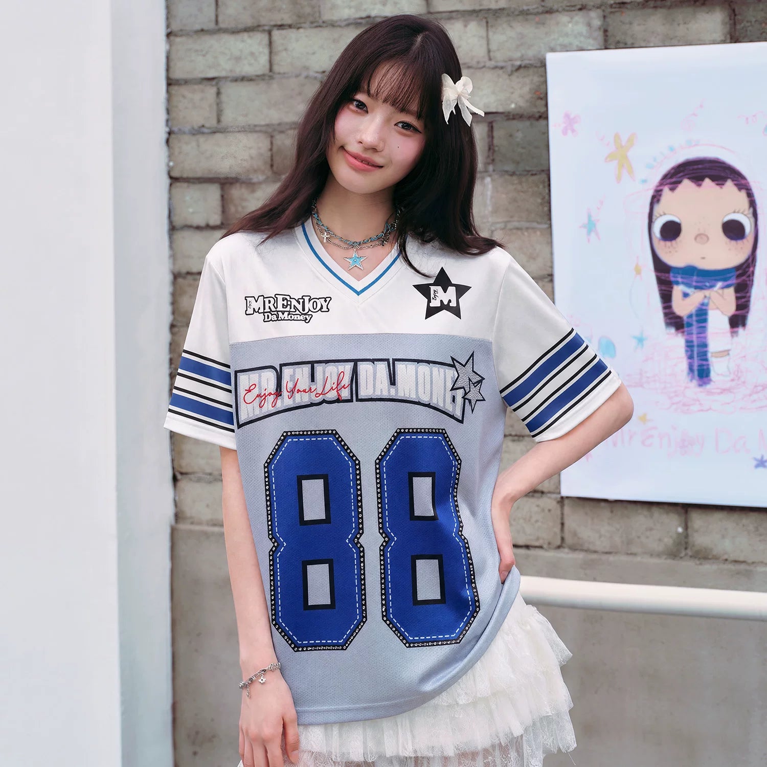 MEDM Couple T-shirt New Retro Splicing Color Contrasting V-neck Short Sleeve Top Versatile World Cup Jersey Long