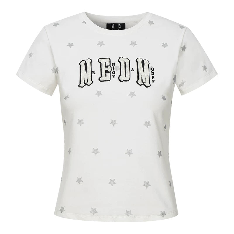 MEDM Little Fragrant Style Double layered Leather Shining Powder Full Star Printed Round Neck Short Sleeve American Retro Spicy Girl Style T-shirt Summer