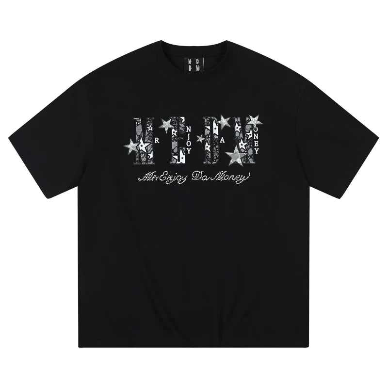 MEDM26SS Star Burst Lace Patch Short Sleeve Men's American Hip Hop Summer T-shirt Women's Casual Couple Tee