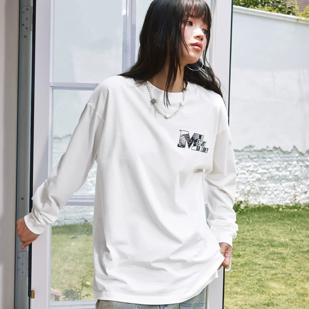 MEDM2025 new product solid color sticker animal pattern suede ant thread casual long sleeved T-shirt round neck base shirt top