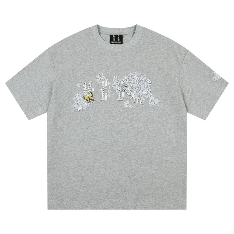Hou Minghao's same MEDM lace short sleeved T-shirt with American hip-hop style, pure cotton TEE, unisex loose top