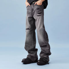 MEDM bamboo striped denim with heavily worn leather, patchwork horsehair, micro flared jeans, washed and worn casual pants for men