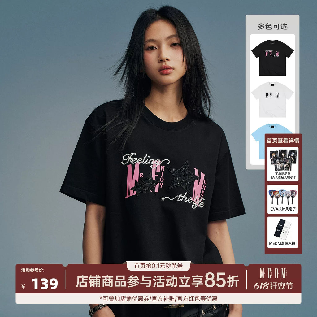 MEDM Little Fragrance Star Patch Cloth Letter Printed Casual Round Neck T-shirt American Street Versatile Cotton Couple Short Sleeve