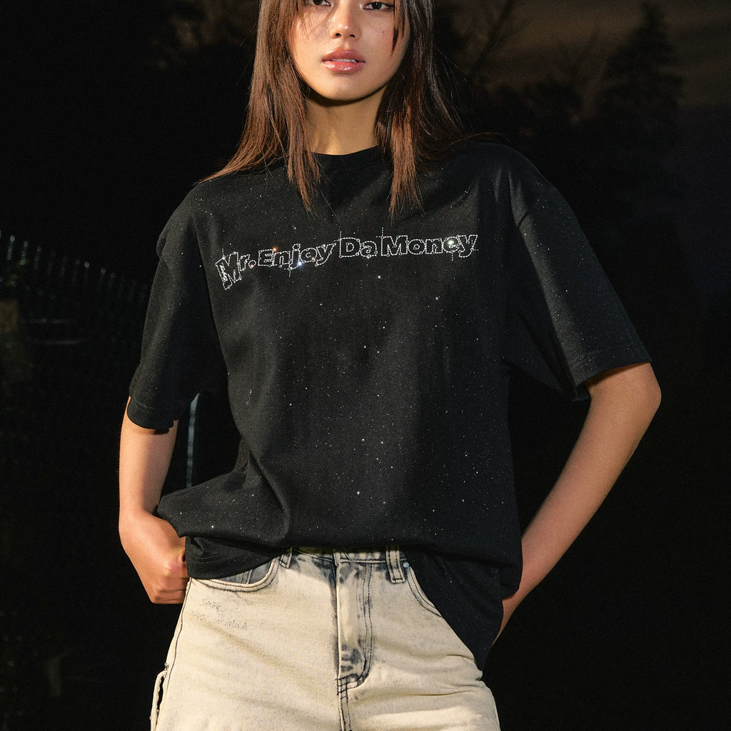 MEDM26SS Starry Sky Letter Diamond Technology Flash Point Fabric Short Sleeve Men's American Retro Leisure Summer T-shirt Women