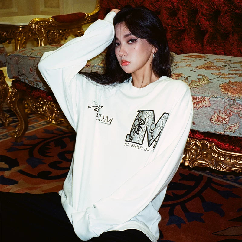 MEDM Fashion Brand Snake Pattern Collar Letter Top China-Chic Round Neck Long Sleeve T-shirt Men's Autumn American Hip Hop Couple