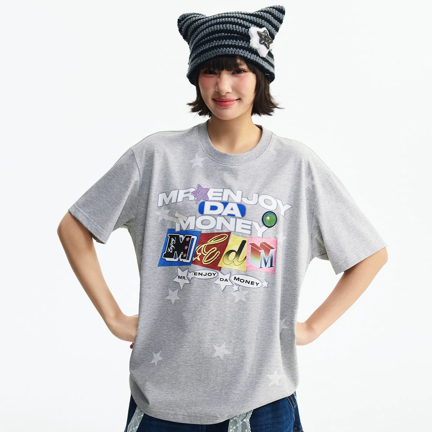 MEDM full print hand-painted star letter print embroidery casual round neck short sleeved trendy loose skin friendly couple T-shirt