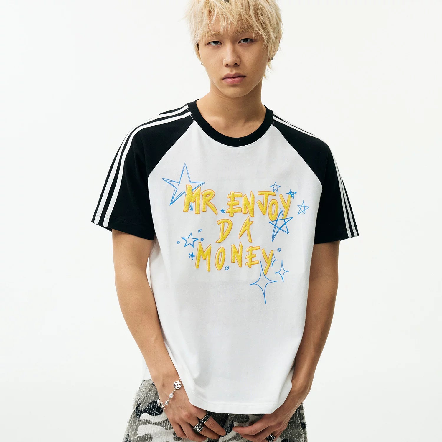 MEDM contrasting graffiti raglan sleeve striped casual T-shirt American street retro ribbed round neck couple short sleeved summer