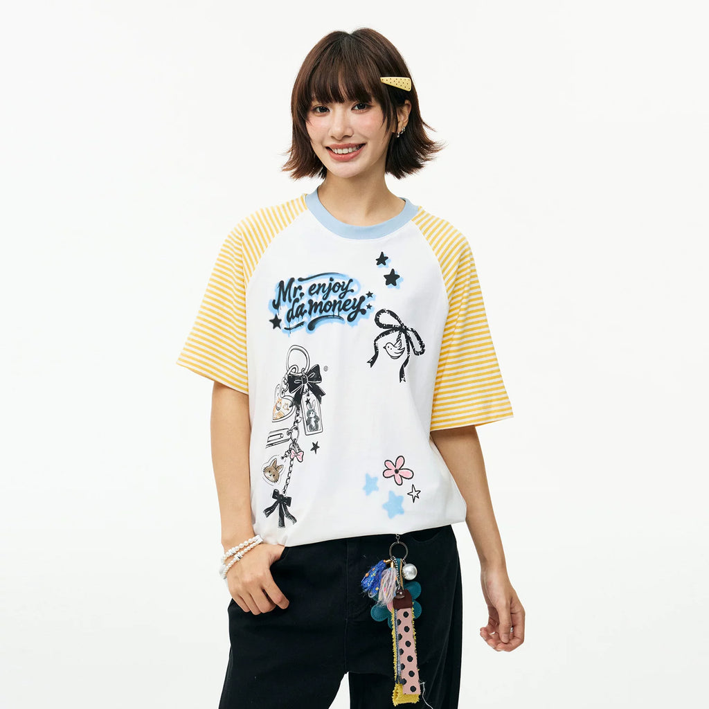 MEDM striped patchwork cute graffiti animal keychain loose round neck T-shirt retro breathable casual short sleeved summer