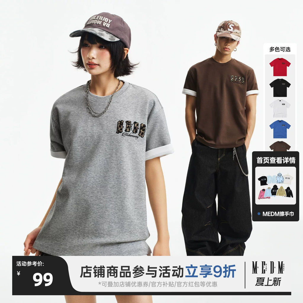 MEDM jelly air cotton double-layer leather small four character casual round neck short sleeved street versatile loose couple T-shirt summer
