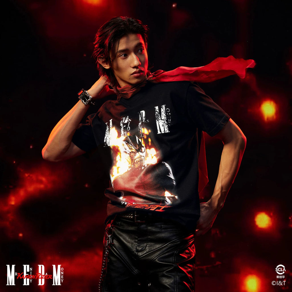 MEDMx Kamen Rider Collaboration - True Me Flame Printed Casual Round Neck Short Sleeve Men's Loose Cotton T-shirt Summer