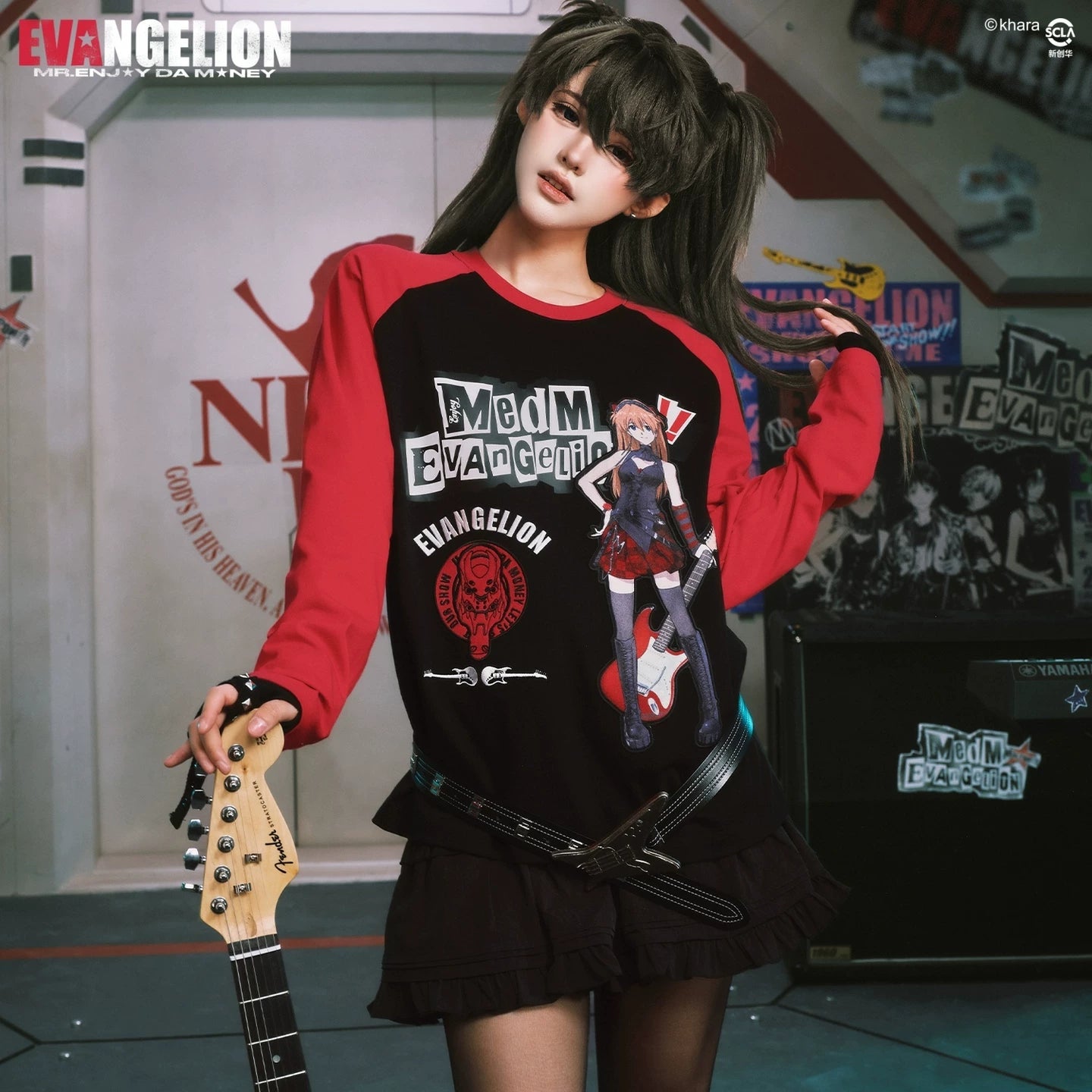 MEDMxEVA NEVER END series character layout with shoulder sleeves, round neck, long sleeved T-shirt, casual patchwork top
