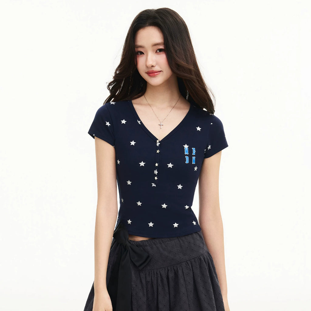 MEDM Star Flash V-neck Henley collar full printed star casual short sleeved letter 3D printed slimming short T-shirt
