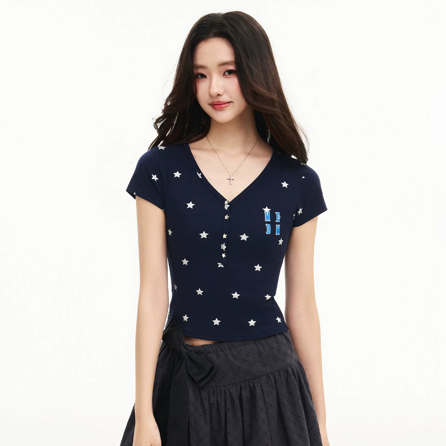 MEDM Star Flash V-neck Henley collar full printed star casual short sleeved letter 3D printed slimming short T-shirt