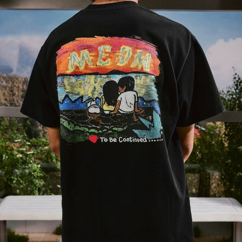 MEDMxNewsus collaboration seaside sunset print short sleeved T-shirt for men and women in summer, loose five quarter sleeves for couples
