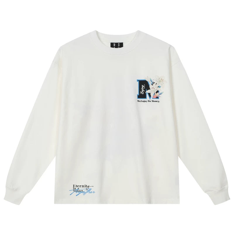 MEDM New Product Hand drawn Bouquet Printed Round Neck Casual Long Sleeve T-shirt Trendy Brand Pure Cotton Loose Couple Top Spring and Autumn