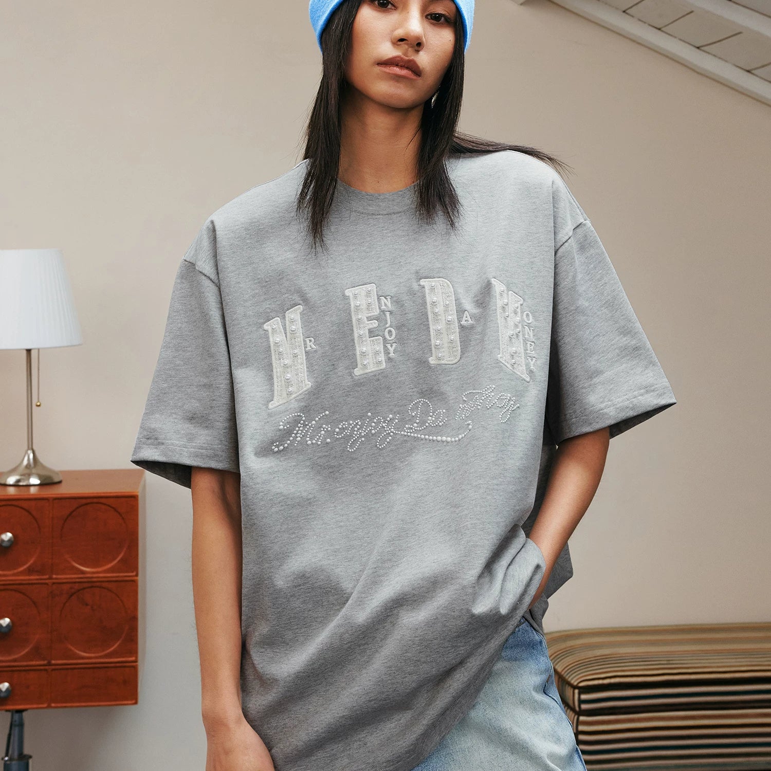 Luzhuo Same Style MEDM Small Fragrance Patch Cloth Pearl Letter Short Sleeve T-shirt Men's and Women's American Loose Couple Top T