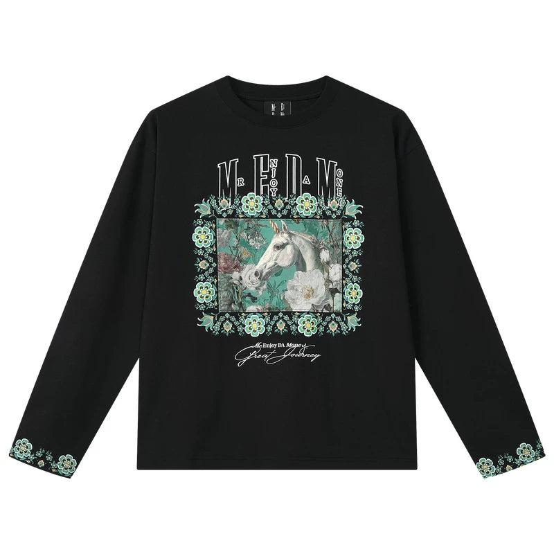 MEDM color floral print patch casual round neck long sleeved T-shirt 26 new trendy loose couple top for spring