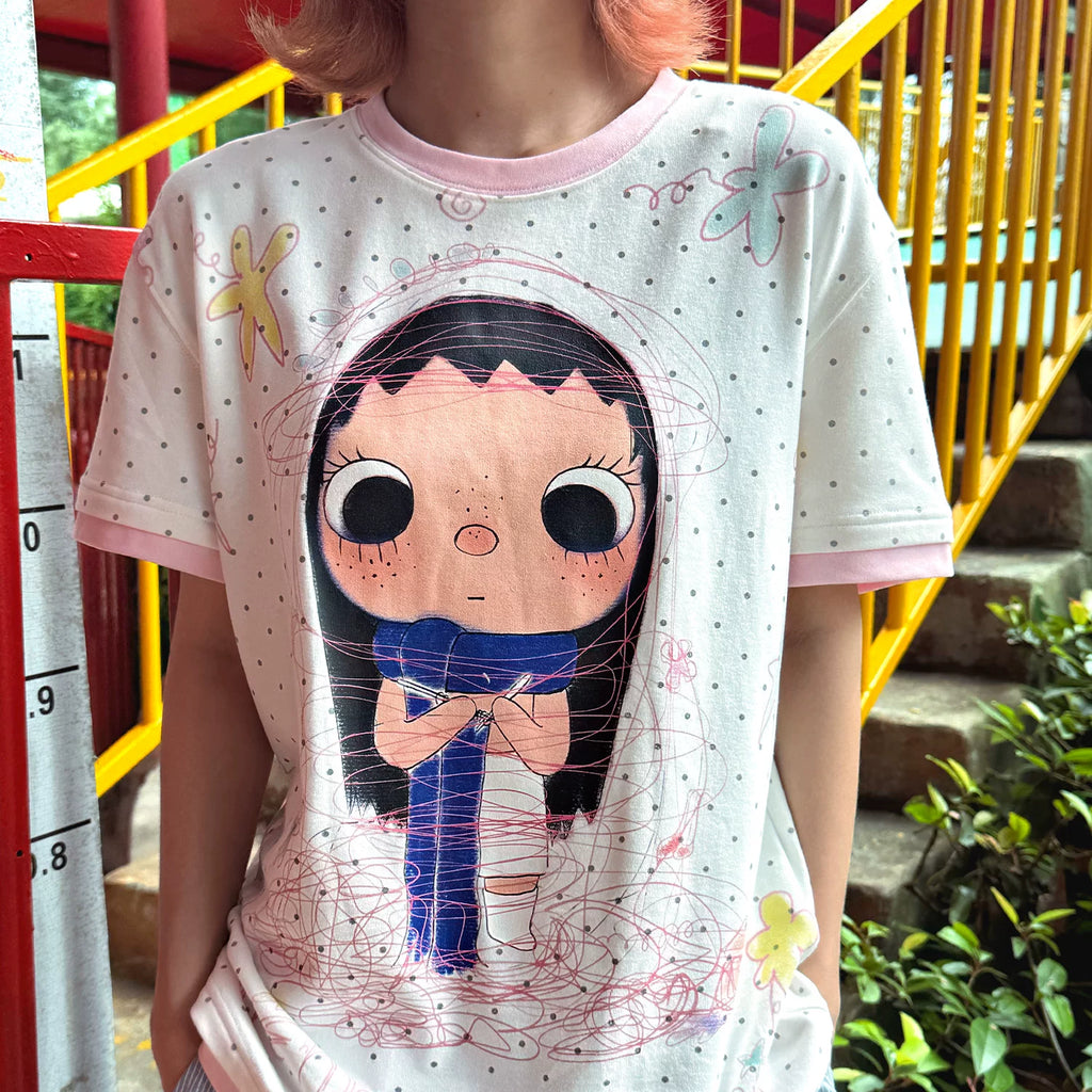 MEDM × YUY Jade Collaboration - Knitted cuffs, collar, contrasting color splicing, casual round neck short sleeved cute style T-shirt for women