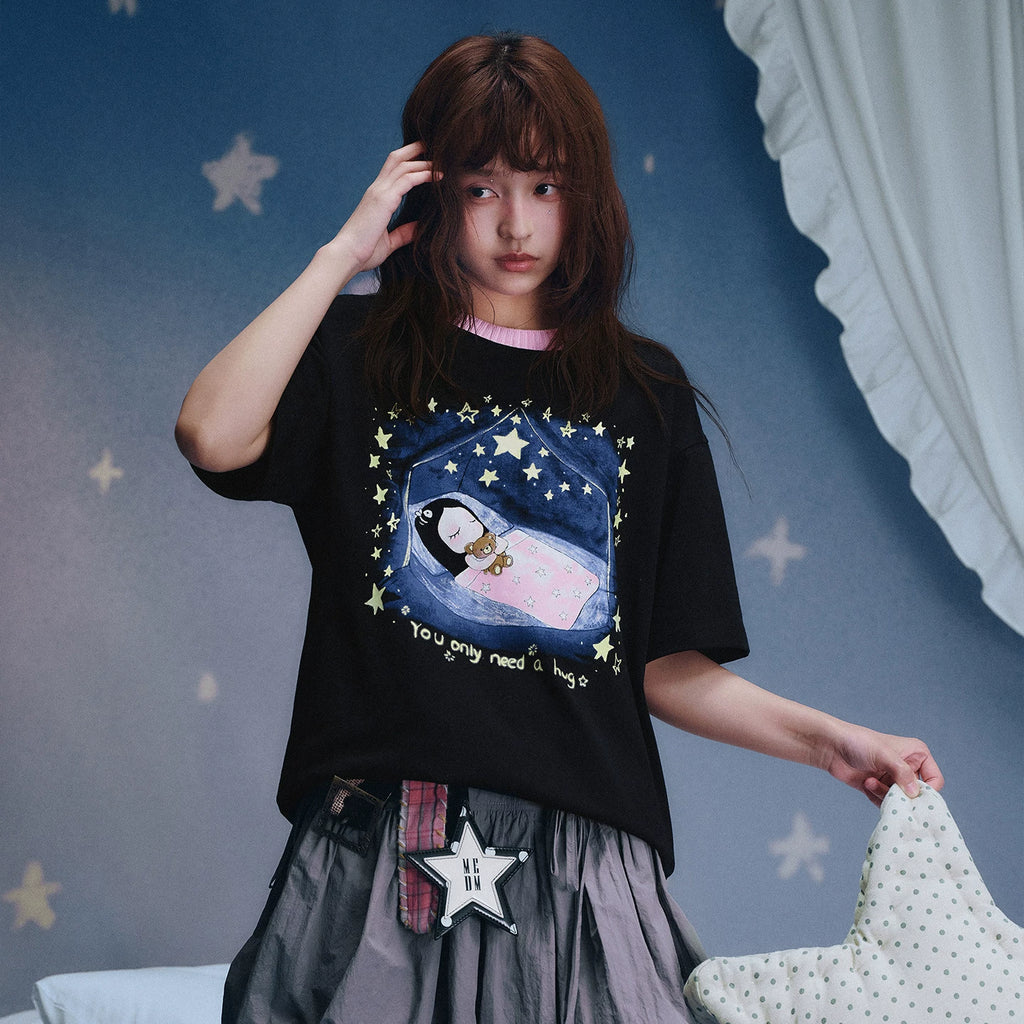 MEDM x Iria mailbox collaboration goodnight starry sky glitter print casual round neck short sleeved cute style T-shirt summer
