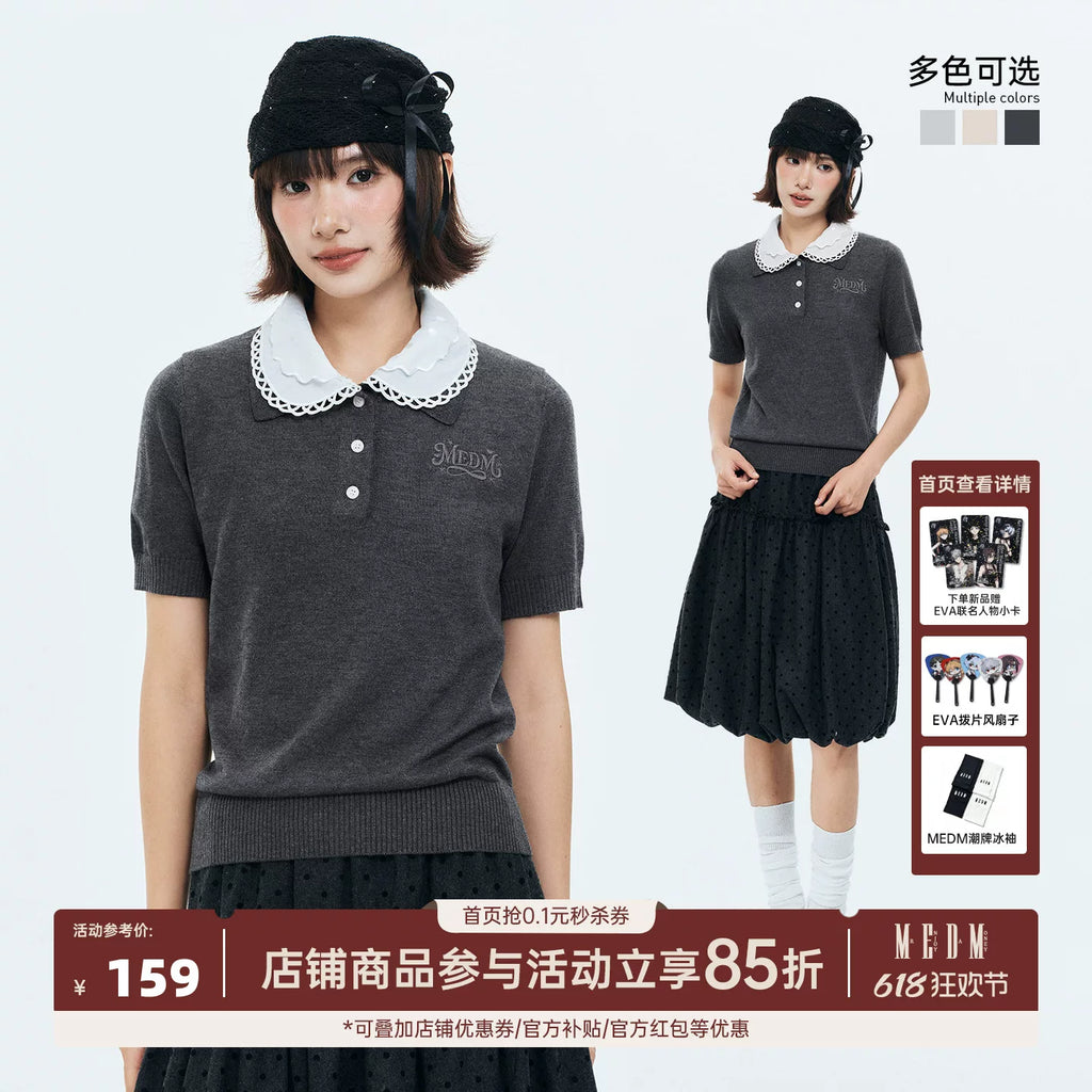 MEDM detachable lace collar casual knitted polo shirt simple and versatile sweet cool style loose short sleeved summer women