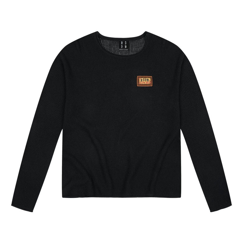 MEDM solid color towel embroidered logo pullover casual round neck mesh shirt 2025 new long sleeved loose knit shirt top for autumn