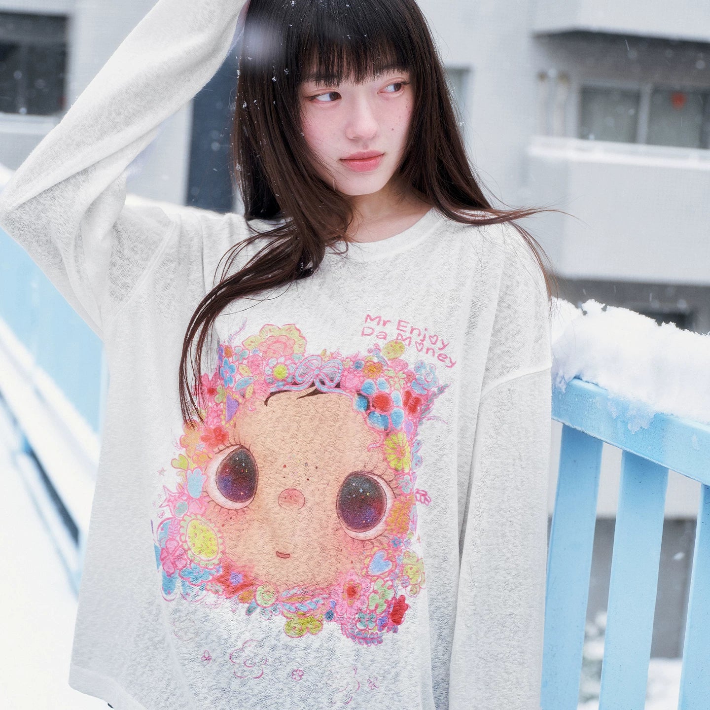 MEDM × YUY Jade Collaboration - Flower Surrounding Printed Logo Casual Long Sleeve T-shirt Cute Loose Round Neck Hoodie