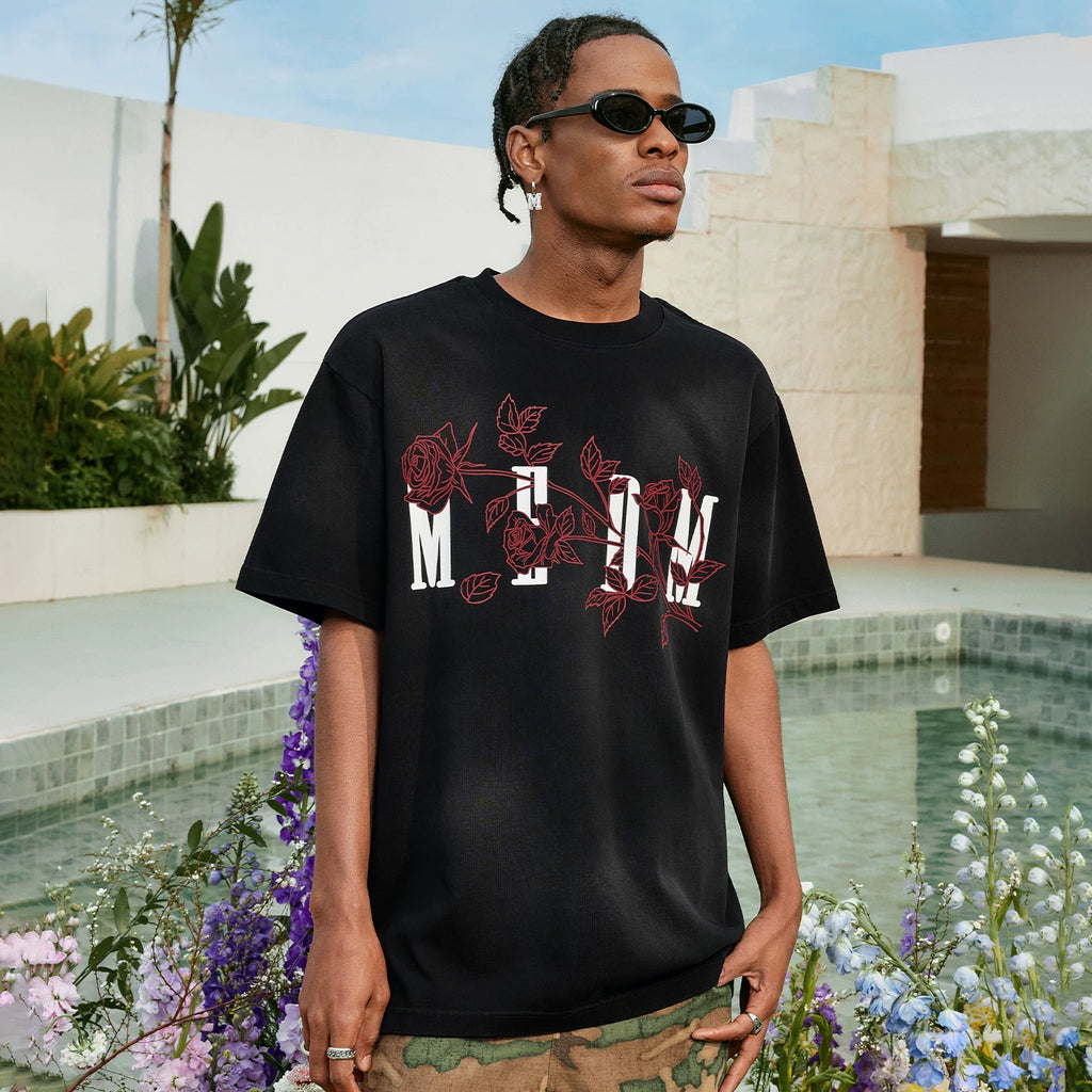 MEDM 26SS Line Branch Rose Wash Short Sleeve Casual T-shirt for Men and Women Summer Loose Round Neck Top t