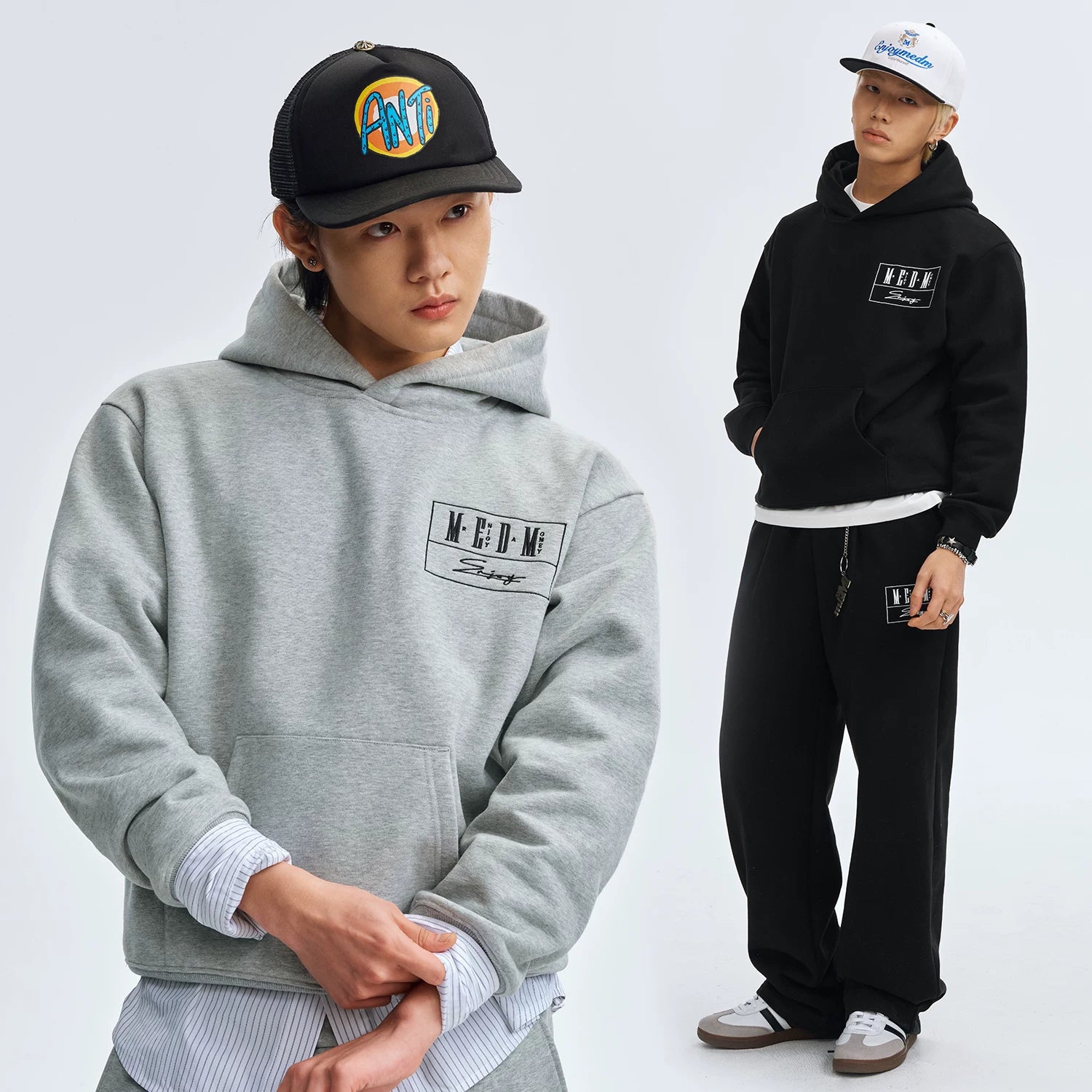 MEDM floral embroidered hooded sweatshirt men's cleanfit thick fleece curved knife sweatpants American casual suit