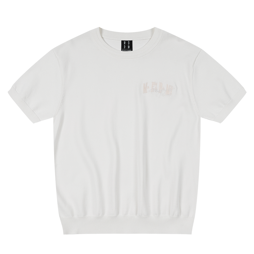 MEDM same color knitted slimming casual round neck T-shirt trendy and versatile solid color simple embroidery logo couple short sleeved shirt