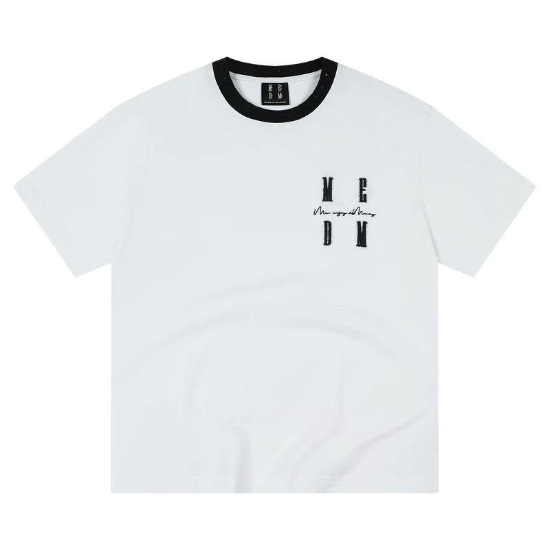 MEDM new color blocking knitted round neckline casual T-shirt trend versatile letter embroidery loose couple short sleeved summer