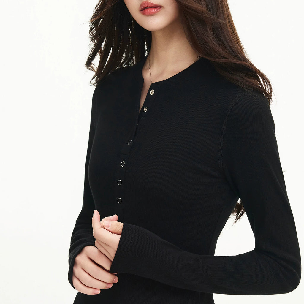 MEDM minimalist design woven label slim fit Henry shirt T-shirt for women, thin and high-end, slimming and versatile casual top for spring