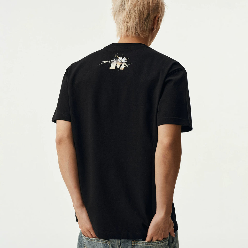MEDM Ink Flower Embroidery Letter Printing Casual Round Neck T-shirt Chinese Style Commuter Loose Round Neck Couple Short Sleeve