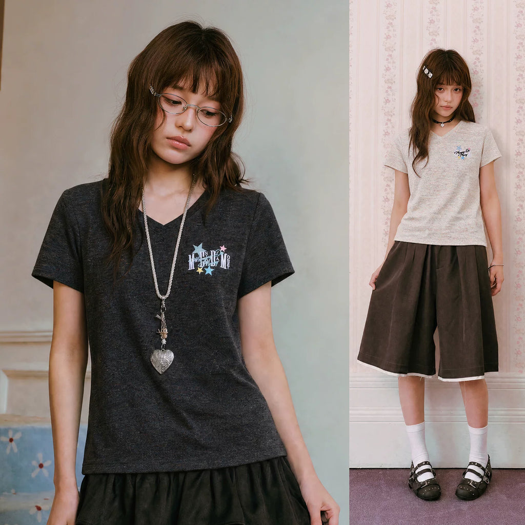 MEDM V-neck vortex star sticker leather embroidery casual short sleeved retro girl style slimming short style high waist top summer