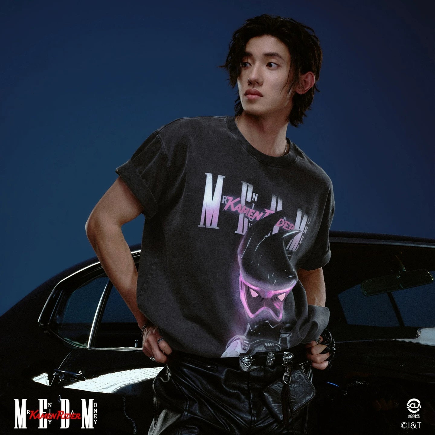 MEDMx Kamen Rider Collaboration - Half body Printed Cotton Washed Outdated Casual Short Sleeve Men's Round Neck T-shirt